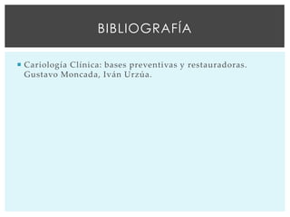  Cariología Clínica: bases preventivas y restauradoras.
Gustavo Moncada, Iván Urzúa.
BIBLIOGRAFÍA
 