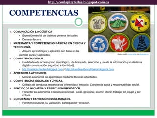 http://conlapizyteclas.blogspot.com.eshttp://conlapizyteclas.blogspot.com.es
COMPETENCIAS
1. COMUNICACIÓN LINGÜÍSTICA.
• Expresión escrita de distintos géneros textuales.
• Destreza lectora.
2. MATEMÁTICA Y COMPETENCIAS BÁSICAS EN CIENCIA Y
TECNOLOGÍA.
• Adquirir aprendizajes y aplicarlos con base en las
ciencias puras y aplicadas.
1. COMPETENCIA DIGITAL.
• Habilidades de acceso y uso tecnológico, de búsqueda, selección y uso de la información y ciudadanía
digital (comunicación, seguridad e identidad).
• http://conlapizyteclas.blogspot.com y http://duendes-libronylibreta.blogspot.com
2. APRENDER A APRENDER.
• Mejorar autonomía de aprendizaje mediante técnicas adaptadas.
3. COMPETENCIAS SOCIALES Y CÍVICAS.
• Códigos de conducta, respeto a las diferencias y empatía. Conciencia social y responsabilidad social.
4. SENTIDO DE INICIATIVA Y ESPÍRITU EMPRENDEDOR.
• Fomentar su autonomía e iniciativa personal. Crear, gestionar, asumir, liderar, trabajar en equipo y ser
críticos.
5. CONCIENCIA Y EXPRESIONES CULTURALES.
• Patrimonio cultural, su valoración, participación y creación.
photo credit: rocket ship via photopin cc
 