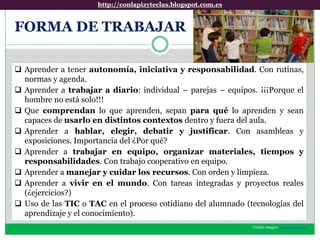 http://conlapizyteclas.blogspot.com.eshttp://conlapizyteclas.blogspot.com.es
FORMA DE TRABAJAR
 Aprender a tener autonomía, iniciativa y responsabilidad. Con rutinas,
normas y agenda.
 Aprender a trabajar a diario: individual – parejas – equipos. ¡¡¡No es bueno
que el hombre esté solo!!!
 Que comprendan lo que aprenden, sepan para qué lo aprenden y sean
capaces de usarlo en distintos contextos dentro y fuera del aula.
 Aprender a hablar, elegir, debatir y justificar. Con asambleas y
exposiciones. Importancia del ¿Por qué?
 Aprender a trabajar en equipo, organizar materiales, tiempos y
responsabilidades. Con trabajo cooperativo en equipo.
 Aprender a manejar y cuidar los recursos. Con orden y limpieza.
 Aprender a vivir en el mundo. Con tareas integradas y proyectos reales
(¿ejercicios?)
 Uso de las TIC o TAC en el proceso cotidiano del alumnado (tecnologías del
aprendizaje y el conocimiento).
Crédito imagen: @jmanuelgarrido
 