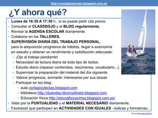 • Lunes de 16:30 A 17:30 h., si se puede pedir cita previa.
• Consultar el CLASSDOJO y el BLOG regularmente.
• Revisar la AGENDA ESCOLAR diariamente.
• Colaborar en los TALLERES.
• SUPERVISIÓN DIARIA DEL TRABAJO PERSONAL,
para la adquisición progresiva de hábitos, llegar a autonomía
en estudio y obtener un rendimiento y satisfacción adecuado:
• ¡Ojo al trabajo pendiente!
• Necesidad de lectura diaria de todo tipo de textos.
• Estudio diario (repasar contenidos, resúmenes, vocabulario...).
• Supervisar la preparación del material del día siguiente.
• Valorar progresos; animarle; interesarse por sus tareas
• Participar en los blog:
• aula conlapizyteclas.blogspot.com
• biblioteca http://duendes-libronylibreta.blogspot.com
• Educación física http://educafisicavirrey.blogspot.com.es/
• Velar por la PUNTUALIDAD y el MATERIAL NECESARIO diariamente.
• Favorecer que participen en ACTIVIDADES CON IGUALES –lúdicas y formativas-.
foto de http://goo.gl/j2Yshl
¿Y ahora qué?
http://conlapizyteclas.blogspot.com.es
 
