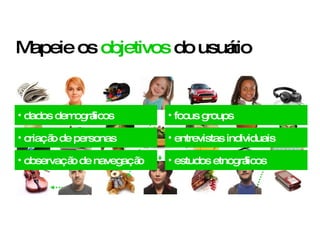 Mapeie os  objetivos  do usuário dados demográficos criação de personas observação de navegação focus groups entrevistas individuais estudos etnográficos 