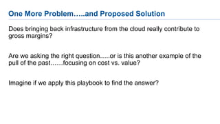 One More Problem…..and Proposed Solution
Does bringing back infrastructure from the cloud really contribute to
gross margins?
Are we asking the right question…..or is this another example of the
pull of the past……focusing on cost vs. value?
Imagine if we apply this playbook to find the answer?
 