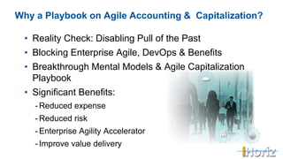 Why a Playbook on Agile Accounting & Capitalization?
• Reality Check: Disabling Pull of the Past
• Blocking Enterprise Agile, DevOps & Benefits
• Breakthrough Mental Models & Agile Capitalization
Playbook
• Significant Benefits:
- Reduced expense
- Reduced risk
- Enterprise Agility Accelerator
- Improve value delivery
4
 