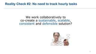 Reality Check #2: No need to track hourly tasks
We work collaboratively to
co-create a sustainable, scalable,
consistent and defensible solution?
8
 