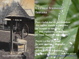 Cea mai frumoasa fantana Pare ciudat dar de pretutindeni din rugina blanda a campiilor au inceput sa soseasca cu pasi copilarosi alunecand pe roua- fantanile migratoare. Parea c-a fost un semn. In acea seara s-a intamplat plecarea poetului; fusese cea mai frumoasa fantana a orasului . Foto: Gabriel RECHITEANU Foto: Tom KINTER ,   www.tkinter.smig.net/Gallery/BladeDrops.htm 