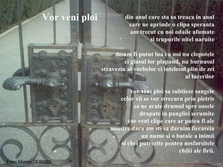 din anul care sta sa treaca in anul care ne aprinde o clipa speranta am trecut cu noi odaile afumate si trupurile nitel naruite de-am fi putut lua cu noi nu clopotele ci glasul lor plapand, nu burnusul straveziu al vorbelor ci intelesul plin de zei al tacerilor vor veni ploi sa subtieze sangele celor vii se vor strecura prin pietris sa ne arate drumul spre oasele drapate in panglici scrumite vor veni clipe care ar putea fi ale noastre daca am sti sa daruim fiecareia un nume si o bataie a inimii si chei putrezite pentru nesfarsitele chilii ale firii. Vor veni ploi Foto: Marius DOBRIN 