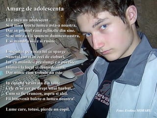 Amurg de adolescenta   El e inca un adolescent Si il mira foarte lumea asta-a noastra, Dar in primul rand oglinzile din sine. Si se mira ca ii spunem dumneavoastra, E si mandru si-i e si rusine.   E-nciudat pe vocea lui ce sparge Sunetul curat in zeci de cioburi, Iar cu mainile-i prealungi e o poveste. Inima-i la locul ei dintotdeauna, Dar nimic cum trebuie nu este.   In curand va invata din toate Cele ce se cer pe drept unui barbat, Cum sa fie crancen, aspru si abil. Fii binevenit baiete-n lumea noastra!   Lume care, totusi, pierde un copil. Foto: Evelina MORARU 