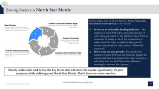 Patreon defines their North Star Metric as Active Financially
Successful Creators (FSCs) for two reasons:
1. It acts as an actionable leading indicator - The
number of active FSCs determines the amount of
value being generated on the platform. Since Patreon
monetizes by taking a cut of the transactions, it
makes sense for them to optimize their growth
around creators whom they count as “financially
successful.”
2. Drive more creator growth - The greater the
number of active FSCs on the platform, greater the
aspirational value it generates with other creators as
well, since they see that Patreon has affected a
meaningful outcome for a creator.
Strong focus on North Star Metric
14
Copyright Kalaari Capital 2021
1
Clearly understand and define the key levers that will move the needle significantly for your
company while defining your North Star Metric. Don’t focus on vanity metrics.
Credit: BrianBalfour.com, reforge.com
 