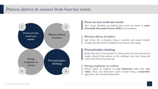 Patreon derives its success from four key tenets
5
Focus on true
north star
metric
Mission-driven
founders
Strong
emphasis on
culture
First-principles
thinking
1 2
3
4
Patreon places an emphasis on core behaviours rather than core
values. These core behaviours revolve around having a creator-first
approach in all its decision frameworks.
Strong emphasis on culture
Rather that rely on ‘best practices’ to drive growth, the team directly got
insights directly from creators on the challenges they were facing and
solved them from the ground-up.
First principles thinking
Jack Conte, the co-founder, being a musician and creator himself,
strongly identified with the problem most creators were facing.
Mission-driven founders
They clearly identified and defined their north star metric as active
Financially Successful Creators (FSC) on the platform.
Focus on true north star metric
Copyright Kalaari Capital 2021
 