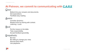 © Patreon 2018
At Patreon, we commit to communicating with C.A.R.E
Clear
Bottom-line your answers and documents.
Set expectations.
Facilitate easy reading.
Aware
Consider dynamics.
Respect time by sharing with context.
Listening > Loud.
Real
Put the moose on the table.
Take responsibility.
Accept feedback gracefully.
Empathetic
Be kind.
Be willing to change your view.
Assume best intent.
Use playbacks.
COMMUNICATION
 