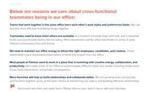 © Patreon 2018
Below are reasons we care about cross-functional
teammates being in our office:
Teams that work together in the same office learn each other’s work styles and preferences faster. We can
become more efficient at building things together.
Teammates need to know when others are available. A consistent schedule helps with that, and is essential
to the success of some teams, like recruiting. When teammates wait for other teammates to arrive, it costs
Patreon unnecessary time and money.
We need to maintain our office energy to attract the right employees, candidates, and creators. These
stakeholders have reasonable expectations of what they expect from our office.
Most people at Patreon want to work in a place that is humming with creative energy, collaboration, and
productivity. We create areas of our office to accommodate different styles and needs, including heads-down
focus, lively interactions, and private conversations.
More face-time will help us build relationships and collaborate better. We are growing team size quickly,
and facetime together gives us the best chance at maintaining our culture and building effective relationships.
Each team sets their own work hours. Please discuss your team’s hours with your manager.
OFFICE ENERGY
 
