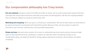 © Patreon 2018
Our compensation philosophy has 3 key tenets.
Fair and unbiased. Everyone is paid at the 60th percentile of market, and we audit compensation yearly for fairness
externally with market data and fairness internally across teams and demographics. We also use ongoing feedback
from recruiting to calibrate our bands as market rates shift.
Motivating and energizing. When you grow, so should your compensation. We want to help inspire our teammates to
go above and beyond, knowing that we’ll reward their growth. Because of this, we have systems in place for
promotions, pay increases, spot bonuses, and meaningful equity grants.
Simple and clear. We want every member of our team to understand how they’re paid and why. Having a simple
policy is also important because complexity in a system can hide bias. When considering changes to our
compensation policy, we weigh the benefit of change against operational overhead, cultural impact, and added
complexity.
COMPENSATION
 