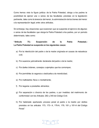 15
Como hemos visto la figura jurídica de la Patria Potestad, otorga a los padres la
posibilidad de ejercer una o varias de las facultades previstas en la legislación
pertinente, tales como la tenencia del menor, la administración de los bienes del menor
o la representación legal, entre otros atributos.
Sin embargo, hay situaciones que ocasionan que se suspenda el ejercicio de algunas
o varias de las facultades que otorga la Patria Potestad a los padres, por un periodo
determinado, tales como:
“Artículo 75.- Suspensión de la Patria Potestad.-
La Patria Potestad se suspende en los siguientes casos:
a) Por la interdicción del padre o de la madre originada en causas de naturaleza
civil;
b) Por ausencia judicialmente declarada del padre o de la madre;
c) Por darles órdenes, consejos o ejemplos que los corrompan;
d) Por permitirles la vagancia o dedicarlos a la mendicidad;
e) Por maltratarlos física o mentalmente;
f) Por negarse a prestarles alimentos;
g) Por separación o divorcio de los padres, o por invalidez del matrimonio de
conformidad con los Artículos 282 y 340 de Código Civil.
h) Por habérsele aperturado proceso penal al padre o la madre por delitos
previstos en los artículos 173, 173- A, 176-A, 179, 181 y 181-A del Código
Penal.”
 