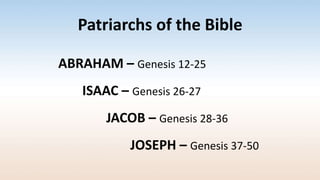 Patriarchs of the Bible
ABRAHAM – Genesis 12-25
ISAAC – Genesis 26-27
JACOB – Genesis 28-36
JOSEPH – Genesis 37-50
 