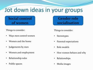 Jot down ideas in your groups
Social control
of women
Gender role
socialisation
Things to consider:
• Ways men control women
• Women and the home
• Judgements by men
• Women and employment
• Relationship rules
• Public spaces
Things to consider:
• Stereotypes
• Parental expectations
• Role models
• How women behave and why
• Relationships
• Media images
 