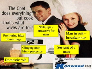 Domestic role
Servant of a
man
Promoting idea
of marriage
Nails/lips –
attractive for
man Man in suit -
breadwinner
Clinging onto
him - protector
 