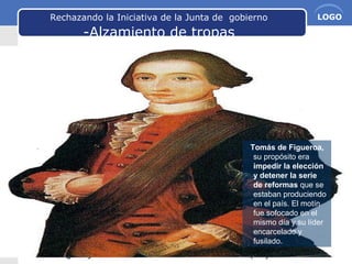 www.themegallery.com Company Name
LOGO
Tomás de Figueroa,
su propósito era
impedir la elección
y detener la serie
de reformas que se
estaban produciendo
en el país. El motín
fue sofocado en el
mismo día y su líder
encarcelado y
fusilado.
Rechazando la Iniciativa de la Junta de gobierno
-Alzamiento de tropas
 