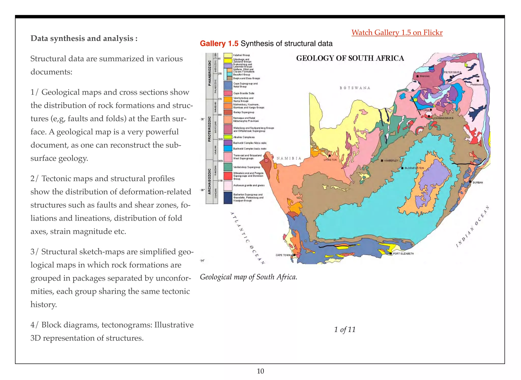 Data synthesis and analysis :
Structural data are summarized in various
documents:
1/ Geological maps and cross sections show
the distribution of rock formations and struc-
tures (e,g, faults and folds) at the Earth sur-
face. A geological map is a very powerful
document, as one can reconstruct the sub-
surface geology.
2/ Tectonic maps and structural proﬁles
show the distribution of deformation-related
structures such as faults and shear zones, fo-
liations and lineations, distribution of fold
axes, strain magnitude etc.
3/ Structural sketch-maps are simpliﬁed geo-
logical maps in which rock formations are
grouped in packages separated by unconfor-
mities, each group sharing the same tectonic
history.
4/ Block diagrams, tectonograms: Illustrative
3D representation of structures.
1 of 11
Geological map of South Africa.
Gallery 1.5 Synthesis of structural data
10
Watch Gallery 1.5 on Flickr
 