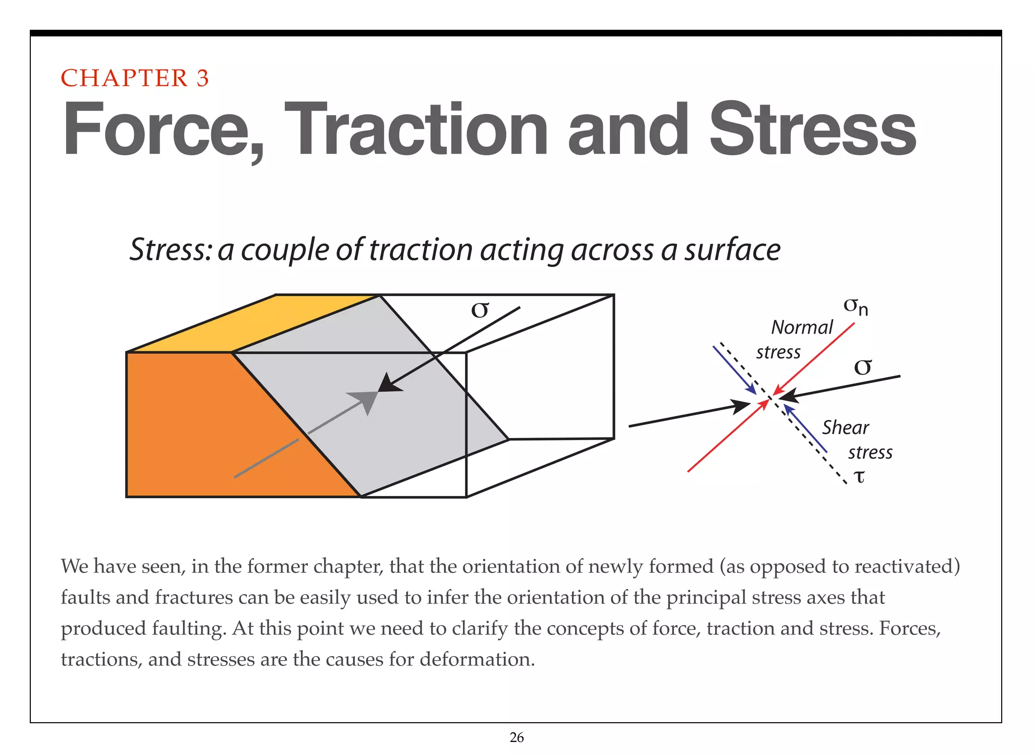 We have seen, in the former chapter, that the orientation of newly formed (as opposed to reactivated)
faults and fractures can be easily used to infer the orientation of the principal stress axes that
produced faulting. At this point we need to clarify the concepts of force, traction and stress. Forces,
tractions, and stresses are the causes for deformation.
Stress:a couple of traction acting across a surface
Normal
stress
Shear
stress
n
CHAPTER 3
26
Force, Traction and Stress
 