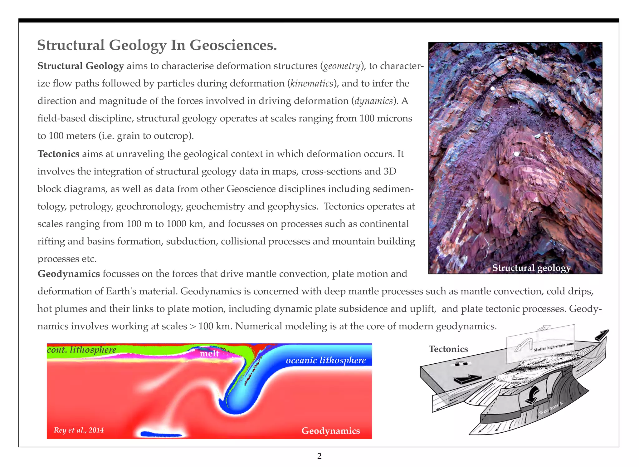 Structural Geology In Geosciences.
2
Structural Geology aims to characterise deformation structures (geometry), to character-
ize ﬂow paths followed by particles during deformation (kinematics), and to infer the
direction and magnitude of the forces involved in driving deformation (dynamics). A
ﬁeld-based discipline, structural geology operates at scales ranging from 100 microns
to 100 meters (i.e. grain to outcrop).
Tectonics aims at unraveling the geological context in which deformation occurs. It
involves the integration of structural geology data in maps, cross-sections and 3D
block diagrams, as well as data from other Geoscience disciplines including sedimen-
tology, petrology, geochronology, geochemistry and geophysics. Tectonics operates at
scales ranging from 100 m to 1000 km, and focusses on processes such as continental
rifting and basins formation, subduction, collisional processes and mountain building
processes etc. 
Geodynamics focusses on the forces that drive mantle convection, plate motion and
deformation of Earth's material. Geodynamics is concerned with deep mantle processes such as mantle convection, cold drips,
hot plumes and their links to plate motion, including dynamic plate subsidence and uplift, and plate tectonic processes. Geody-
namics involves working at scales > 100 km. Numerical modeling is at the core of modern geodynamics. 
Structural geology
Tectonics
Geodynamics
oceanic lithosphere
cont. lithosphere melt
Rey et al., 2014
 