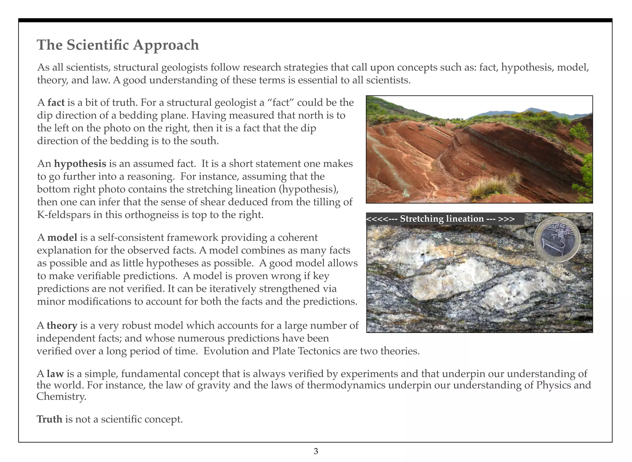 The Scientiﬁc Approach
As all scientists, structural geologists follow research strategies that call upon concepts such as: fact, hypothesis, model,
theory, and law. A good understanding of these terms is essential to all scientists. 
A fact is a bit of truth. For a structural geologist a “fact” could be the
dip direction of a bedding plane. Having measured that north is to
the left on the photo on the right, then it is a fact that the dip
direction of the bedding is to the south.
An hypothesis is an assumed fact. It is a short statement one makes
to go further into a reasoning. For instance, assuming that the
bottom right photo contains the stretching lineation (hypothesis),
then one can infer that the sense of shear deduced from the tilling of
K-feldspars in this orthogneiss is top to the right.
A model is a self-consistent framework providing a coherent
explanation for the observed facts. A model combines as many facts
as possible and as little hypotheses as possible. A good model allows
to make veriﬁable predictions. A model is proven wrong if key
predictions are not veriﬁed. It can be iteratively strengthened via
minor modiﬁcations to account for both the facts and the predictions.
A theory is a very robust model which accounts for a large number of
independent facts; and whose numerous predictions have been
veriﬁed over a long period of time. Evolution and Plate Tectonics are two theories.
A law is a simple, fundamental concept that is always veriﬁed by experiments and that underpin our understanding of
the world. For instance, the law of gravity and the laws of thermodynamics underpin our understanding of Physics and
Chemistry. 
 
Truth is not a scientiﬁc concept.
3
<<<<--- Stretching lineation --- >>>
 