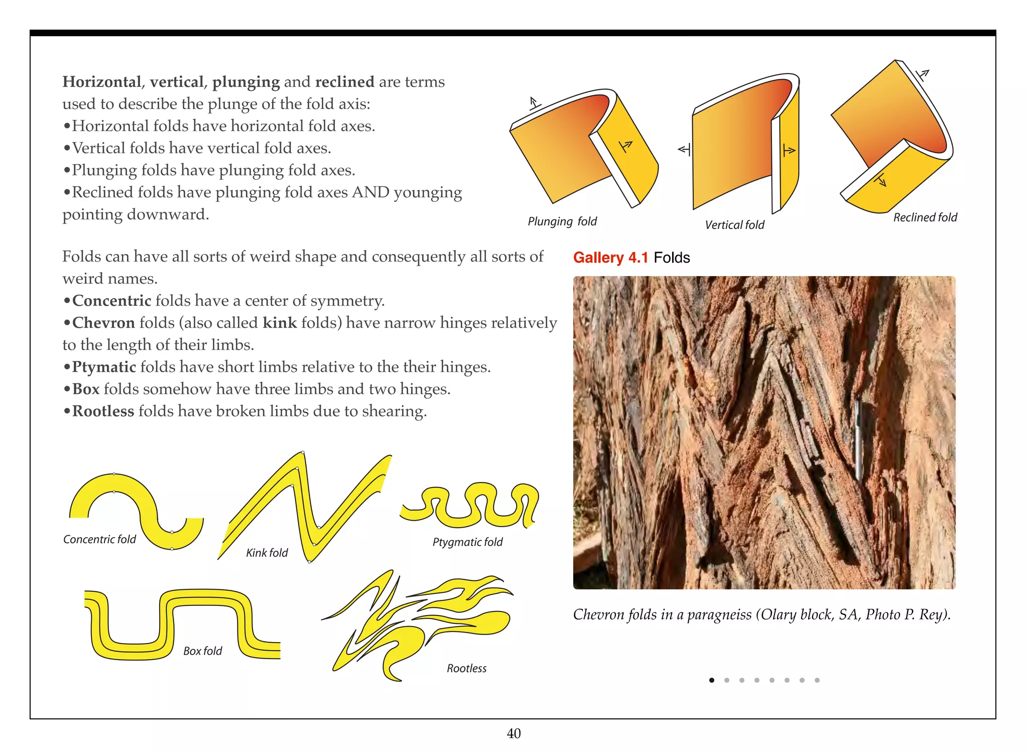 40
Horizontal, vertical, plunging and reclined are terms
used to describe the plunge of the fold axis:
•Horizontal folds have horizontal fold axes.
•Vertical folds have vertical fold axes.
•Plunging folds have plunging fold axes.
•Reclined folds have plunging fold axes AND younging
pointing downward.
Folds can have all sorts of weird shape and consequently all sorts of
weird names.
•Concentric folds have a center of symmetry.
•Chevron folds (also called kink folds) have narrow hinges relatively
to the length of their limbs.
•Ptymatic folds have short limbs relative to the their hinges.
•Box folds somehow have three limbs and two hinges.
•Rootless folds have broken limbs due to shearing.
Chevron folds in a paragneiss (Olary block, SA, Photo P. Rey).
Gallery 4.1 Folds
Concentric fold
Box fold
Kink fold
Rootless
Ptygmatic fold
Vertical foldPlunging fold Reclined fold
 