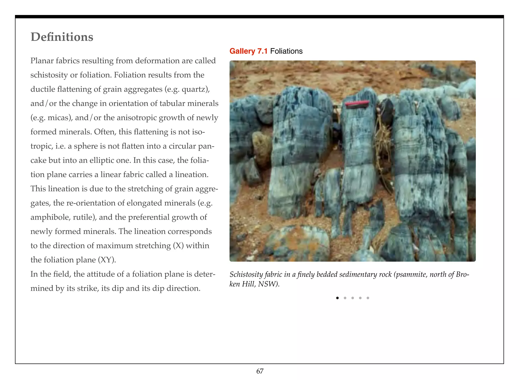 Planar fabrics resulting from deformation are called
schistosity or foliation. Foliation results from the
ductile ﬂattening of grain aggregates (e.g. quartz),
and/or the change in orientation of tabular minerals
(e.g. micas), and/or the anisotropic growth of newly
formed minerals. Often, this ﬂattening is not iso-
tropic, i.e. a sphere is not ﬂatten into a circular pan-
cake but into an elliptic one. In this case, the folia-
tion plane carries a linear fabric called a lineation.
This lineation is due to the stretching of grain aggre-
gates, the re-orientation of elongated minerals (e.g.
amphibole, rutile), and the preferential growth of
newly formed minerals. The lineation corresponds
to the direction of maximum stretching (X) within
the foliation plane (XY).
In the ﬁeld, the attitude of a foliation plane is deter-
mined by its strike, its dip and its dip direction.
Schistosity fabric in a ﬁnely bedded sedimentary rock (psammite, north of Bro-
ken Hill, NSW).
Gallery 7.1 Foliations
Deﬁnitions
67
 