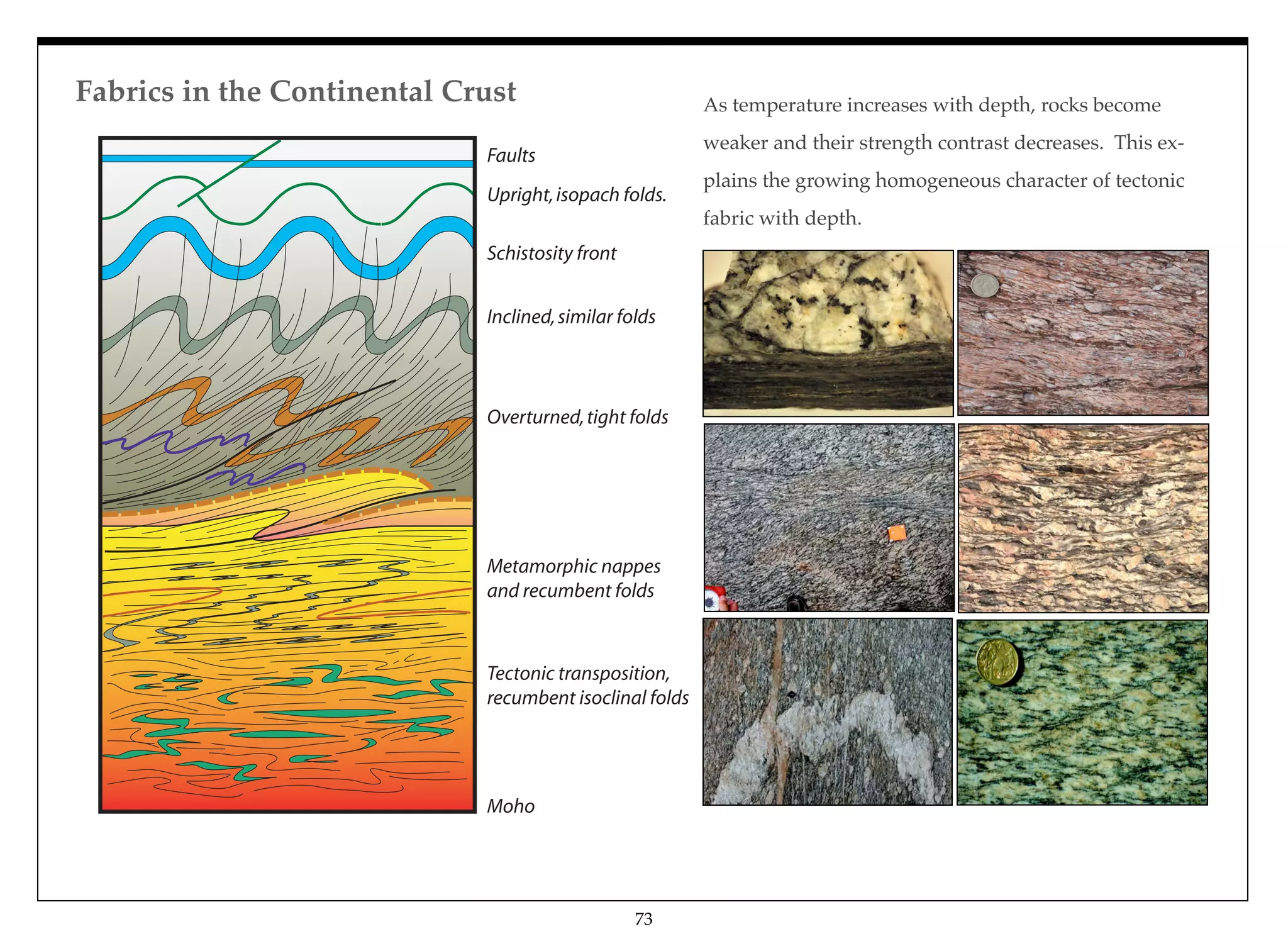 Faults
Upright,isopach folds.
Inclined,similar folds
Overturned,tight folds
Moho
Metamorphic nappes
and recumbent folds
Tectonic transposition,
recumbent isoclinal folds
Schistosity front
As temperature increases with depth, rocks become
weaker and their strength contrast decreases. This ex-
plains the growing homogeneous character of tectonic
fabric with depth.
Fabrics in the Continental Crust
73
 