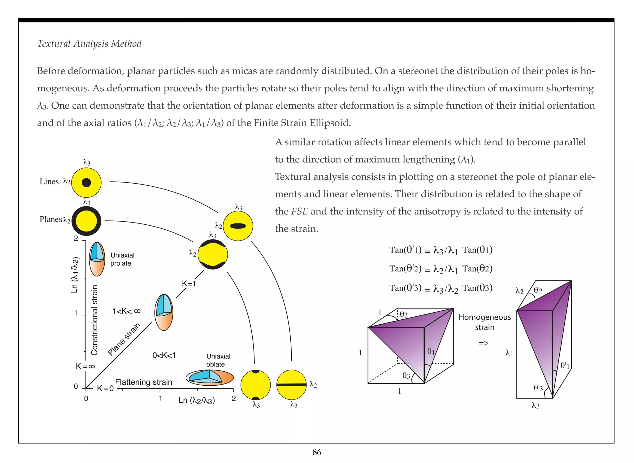 2
0
1
Plane
strain
1<K<
8
0<K<1
Flattening strain
K=1
Constrictionalstrain
Ln ( 2/ 3)
Ln(1/2)
0 1 2
K=
8
K=0
Uniaxial
oblate
Uniaxial
prolate
Lines
Planes
3
2
3
2
3
2
3
2
3
2
3
1
2
3
'2
'3
'1
1
1
1
1
2
3
Homogeneous
strain
=>
Tan( '1)
Tan( '2)
Tan( '3)
Tan( 1)
Tan( 2)
Tan( 3)
3/ 1
2/ 1
3/ 2
Textural Analysis Method
Before deformation, planar particles such as micas are randomly distributed. On a stereonet the distribution of their poles is ho-
mogeneous. As deformation proceeds the particles rotate so their poles tend to align with the direction of maximum shortening
&3. One can demonstrate that the orientation of planar elements after deformation is a simple function of their initial orientation
and of the axial ratios (&1/&2; &2/&3; &1/&3) of the Finite Strain Ellipsoid.
A similar rotation affects linear elements which tend to become parallel
to the direction of maximum lengthening (&1).
Textural analysis consists in plotting on a stereonet the pole of planar ele-
ments and linear elements. Their distribution is related to the shape of
the FSE and the intensity of the anisotropy is related to the intensity of
the strain.
86
 