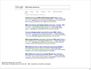 Recherche Google du 5 mai 2013
Même type de résultats avec les mots clés : RBC, impartition, travailleurs étrangers.
12
 