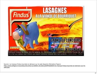 Source: La marque Findus tournée en dérision sur le web (Quentin Périnel/Le Figaro)
http://www.lefigaro.fr/societes/2013/02/12/20005-20130212DIMFIG00643-la-marque-findus-tournee-en-derision-sur-le-
web.php
21
 