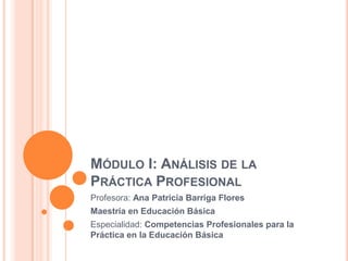 MÓDULO I: ANÁLISIS DE LA
PRÁCTICA PROFESIONAL
Profesora: Ana Patricia Barriga Flores
Maestría en Educación Básica
Especialidad: Competencias Profesionales para la
Práctica en la Educación Básica

 