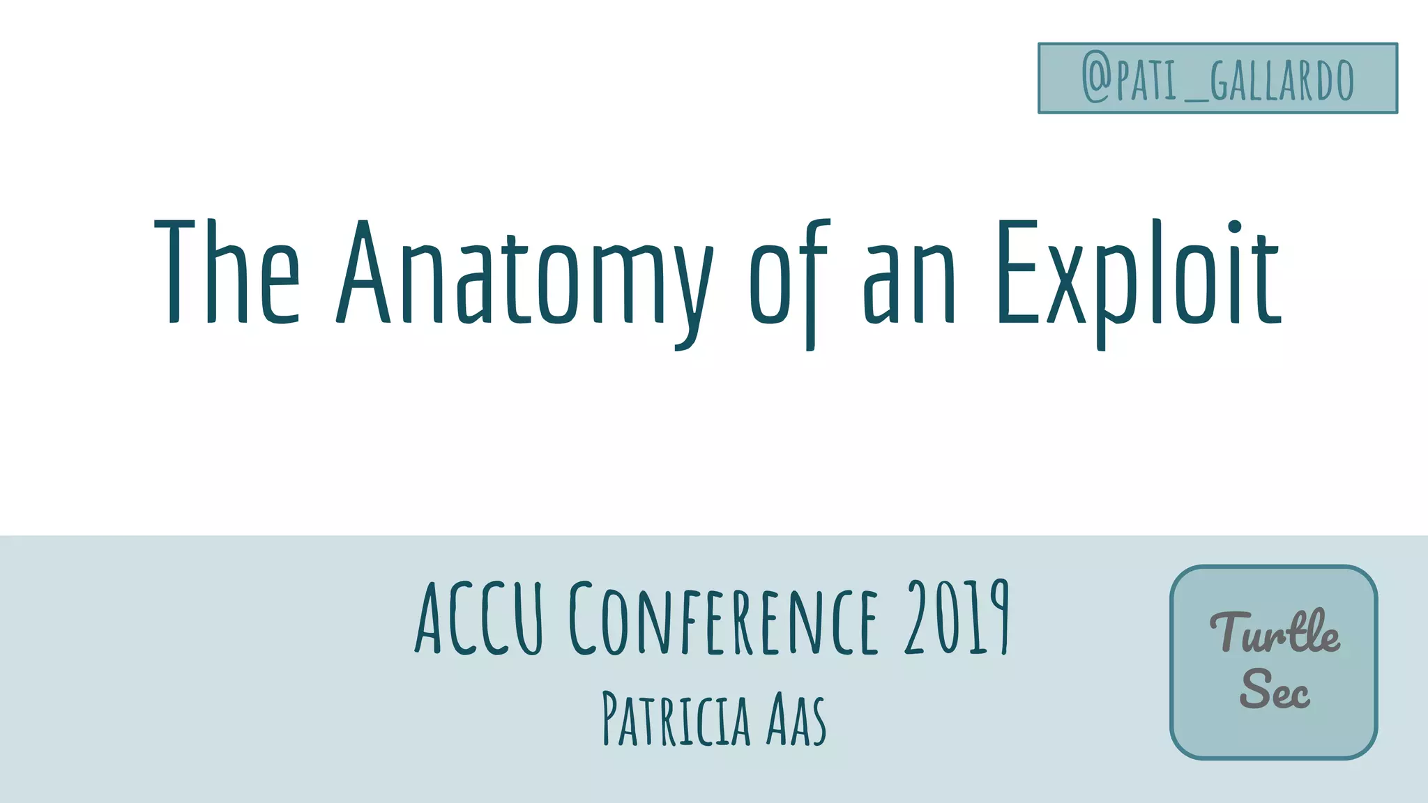 The Anatomy of an Exploit
ACCU Conference 2019
Patricia Aas
Turtle
Sec
@pati_gallardo
 