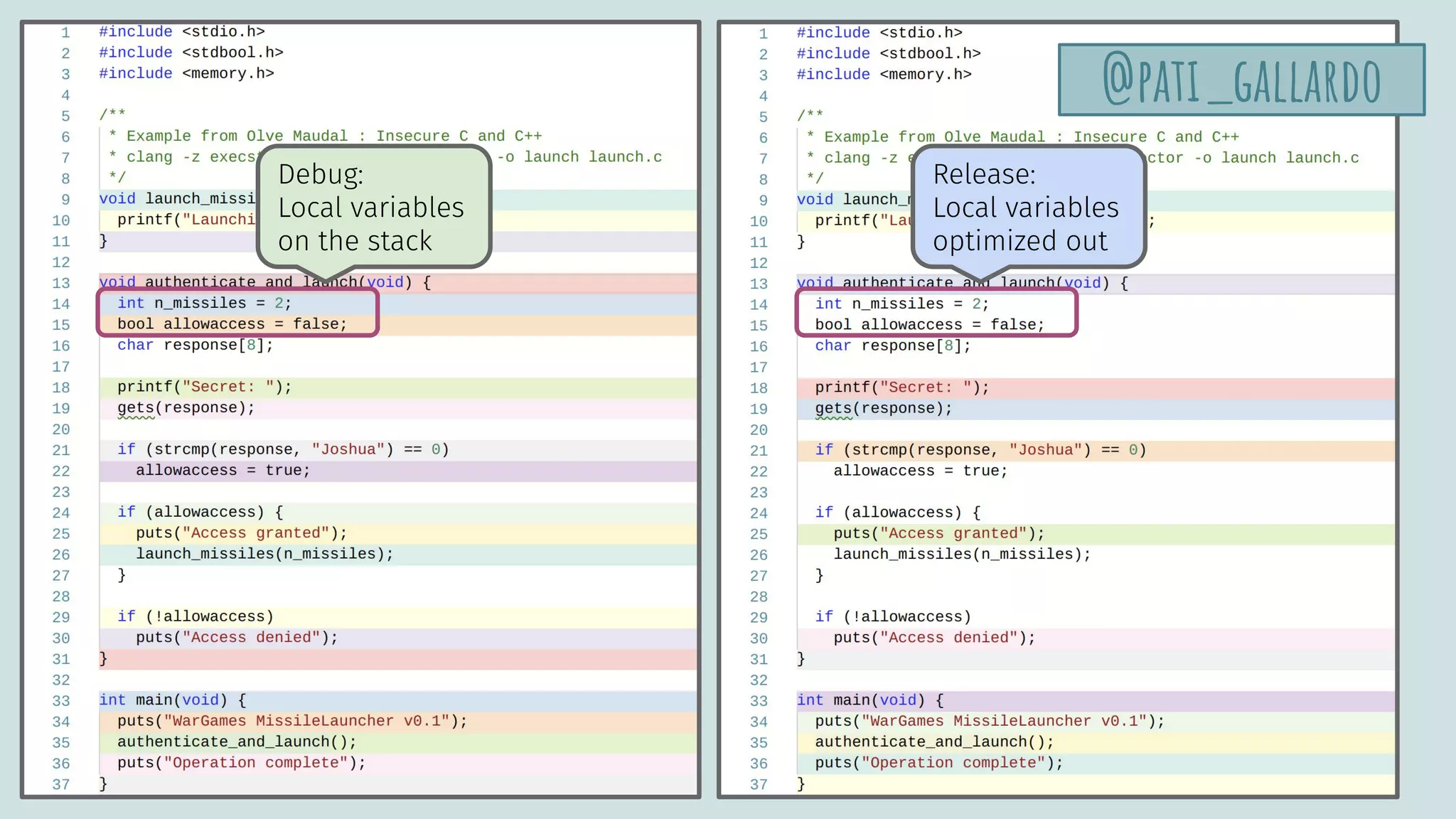 Debug:
Local variables
on the stack
Release:
Local variables
optimized out
@pati_gallardo
 