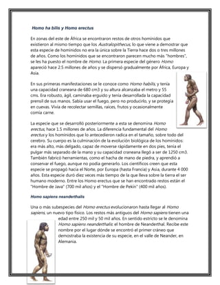 Homo ha bilis y Homo erectus
En zonas del este de África se encontraron restos de otros homínidos que
existieron al mismo tiempo que los Australopithecus, lo que viene a demostrar que
esta especie de homínidos no era la única sobre la Tierra hace dos o tres millones
de años. Como los homínidos que se encontraron parecen mucho más "hombres",
se les ha puesto el nombre de Homo. La primera especie del género Homo
apareció hace 2.5 millones de años y se dispersó gradualmente por África, Europa y
Asia.
En sus primeras manifestaciones se le conoce como Homo habilis, y tenía
una capacidad craneana de 680 cm3 y su altura alcanzaba el metro y 55
cms. Era robusto, ágil, caminaba erguido y tenía desarrollada la capacidad
prensil de sus manos. Sabía usar el fuego, pero no producirlo, y se protegía
en cuevas. Vivía de recolectar semillas, raíces, frutos y ocasionalmente
comía carne.
La especie que se desarrolló posteriormente a esta se denomina Homo
erectus, hace 1.5 millones de años. La diferencia fundamental del Homo
erectus y los homínidos que lo antecedieron radica en el tamaño, sobre todo del
cerebro. Su cuerpo es la culminación de la evolución biológica de los homínidos:
era más alto, más delgado, capaz de moverse rápidamente en dos pies, tenía el
pulgar más separado de la mano y su capacidad craneana llegó a ser de 1250 cm3.
También fabricó herramientas, como el hacha de mano de piedra, y aprendió a
conservar el fuego, aunque no podía generarlo. Los científicos creen que esta
especie se propagó hacia el Norte, por Europa (hasta Francia) y Asia, durante 4 000
años. Esta especie duró diez veces más tiempo de la que lleva sobre la tierra el ser
humano moderno. Entre los Homo erectus que se han encontrado restos están el
"Hombre de Java" (700 mil años) y el "Hombre de Pekín" (400 mil años).
Homo sapiens neanderthalis
Una o más subespecies del Homo erectus evolucionaron hasta llegar al Homo
sapiens, un nuevo tipo físico. Los restos más antiguos del Homo sapiens tienen una
edad entre 250 mil y 50 mil años. En sentido estricto se le denomina
Homo sapiens neanderthalis: el hombre de Neanderthal. Recibe este
nombre por el lugar dónde se encontró el primer cráneo que
demostraba la existencia de su especie, en el valle de Neander, en
Alemania.
 