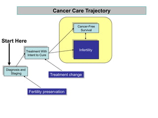 Diagnosis and
Staging
Treatment With
Intent to Cure
Cancer-Free
Survival
Infertility
Cancer Care Trajectory
Start Here
Fertility preservation
Treatment change
 
