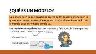 ¿QUÉ ES UN MODELO?
Los modelos educativos hasta el momento fallan, están incompletos:
◦ -Conductismo.
◦ -Congnitivismo.
◦ -Constructivismo.
Es la manera en la que pensamos acerca de las cosas; la manera en la
que enmarcamos nuestras ideas; nuestro entendimiento sobre lo que
el mundo debe ser y hacia dónde va.
 