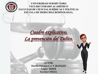 UNIVERSIDAD FERMÍN TORO
VICE-RECTORADO ACADÉMICO
FACULTAD DE CIENCIAS JURÍDICAS Y POLÍTICAS
ESCUELA DE DERECHO,CRIMINOLOGIA.
AUTOR:
Martin Patricia C.I. V-28.516.033
Lapso 2020/B
Sección CRI222.
Cuadro explicativo.
La prevención del Delito.
 