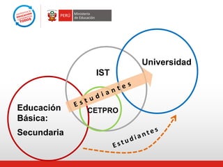 Universidad
              IST



Educación    CETPRO
Básica:
Secundaria
 