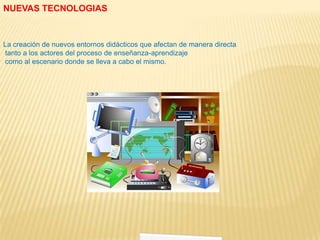 NUEVAS TECNOLOGIAS


La creación de nuevos entornos didácticos que afectan de manera directa
tanto a los actores del proceso de enseñanza-aprendizaje
como al escenario donde se lleva a cabo el mismo.
 