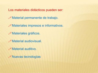Los materiales didácticos pueden ser:

Material permanente de trabajo.

Materiales impresos e informativos.

Materiales gráficos.

Material audiovisual.

Material auditivo.

Nuevas tecnologías
 