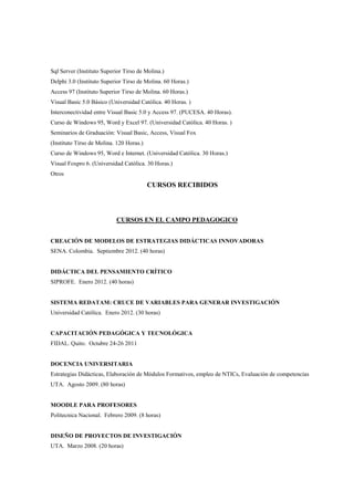 Sql Server (Instituto Superior Tirso de Molina.)
Delphi 3.0 (Instituto Superior Tirso de Molina. 60 Horas.)
Access 97 (Instituto Superior Tirso de Molina. 60 Horas.)
Visual Basic 5.0 Básico (Universidad Católica. 40 Horas. )
Interconectividad entre Visual Basic 5.0 y Access 97. (PUCESA. 40 Horas).
Curso de Windows 95, Word y Excel 97. (Universidad Católica. 40 Horas. )
Seminarios de Graduación: Visual Basic, Access, Visual Fox
(Instituto Tirso de Molina. 120 Horas.)
Curso de Windows 95, Word e Internet. (Universidad Católica. 30 Horas.)
Visual Foxpro 6. (Universidad Católica. 30 Horas.)
Otros
                                          CURSOS RECIBIDOS



                           CURSOS EN EL CAMPO PEDAGOGICO


CREACIÓN DE MODELOS DE ESTRATEGIAS DIDÁCTICAS INNOVADORAS
SENA. Colombia. Septiembre 2012. (40 horas)


DIDÁCTICA DEL PENSAMIENTO CRÍTICO
SIPROFE. Enero 2012. (40 horas)


SISTEMA REDATAM: CRUCE DE VARIABLES PARA GENERAR INVESTIGACIÓN
Universidad Católica. Enero 2012. (30 horas)


CAPACITACIÓN PEDAGÓGICA Y TECNOLÓGICA
FIDAL. Quito. Octubre 24-26 2011


DOCENCIA UNIVERSITARIA
Estrategias Didácticas, Elaboración de Módulos Formativos, empleo de NTICs, Evaluación de competencias
UTA. Agosto 2009. (80 horas)


MOODLE PARA PROFESORES
Politecnica Nacional. Febrero 2009. (8 horas)


DISEÑO DE PROYECTOS DE INVESTIGACIÓN
UTA. Marzo 2008. (20 horas)
 