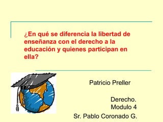 ¿En qué se diferencia la libertad de
enseñanza con el derecho a la
educación y quienes participan en
ella?
 
                                                                 
                                     Patricio Preller 
Jaduri
                                                 Derecho. 
                                                 Modulo 4
                            Sr. Pablo Coronado G.
 