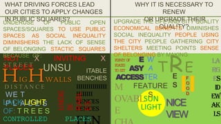 WHAT DRIVING FORCES LEAD
OUR CITIES TO APPLY CHANGES
IN PUBLIC SQUARES?

UNDERUSE
OF
PUBLIC
OPEN
SPACES/SQUARES TO USE PUBLIC
SPACES AS SOCIAL INEQUALITY
DIMINISHERS THE LACK OF SENSE
OF BELONGING STACTIC SQUARES
BECAUSE OF:

NOT
X
STREET
PLACES

INVITING

UNSU

H H

X

UNDE
SI
RABL
ES

ITABLE
IG
WALLS BENCHES
IIIIIIIIIIIIIII
D I STAN C E
IIIIIIII
WE T
FENCES
LACK LIGHT
PL ACES
FENCES
OF: T R E E S

CONTROLLED

PLACES

WHY IT IS NECESSARY TO
RENEW
OR LIFE AND CITY QUALITY
UPGRADE THE UPGRADE THEIR
QUALITY?
ECONOMICAL BENEFITS DIMINISHES
SOCIAL INEQUALITY PEOPLE USING
THE CITY PEOPLE GATHERING CITY
SHELTERS MEETING POINTS SENSE
OF BELONGING BY MAKING:

TRE

EW
ASY A
E
ACCESSTER
M FEATURE S
S
PET O
LNY F
PAE
LCS
T ST
O I

F
O
O
D

OVABLSUN NICE
LIGHT
E
VIEW

LA
RG
ES
ID
EW
AK
LS

 