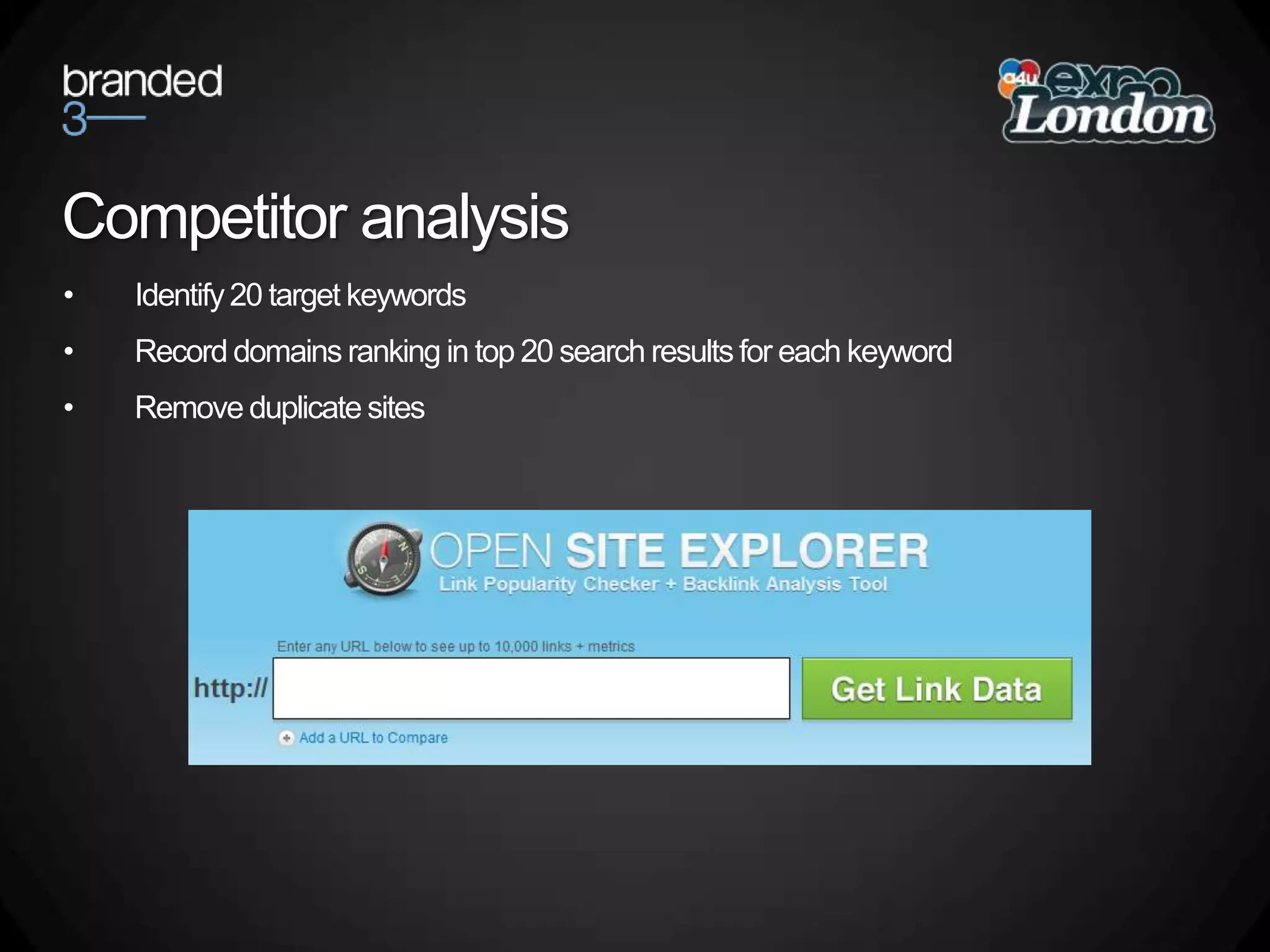 Competitor analysisIdentify 20 target keywordsRecord domains ranking in top 20 search results for each keywordRemove duplicate sites