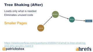 @patrickstox
Tree Shaking (After)
Loads only what is needed
Eliminates unused code
Smaller Pages
https://stackoverflow.com/questions/45884414/what-is-tree-shaking-
and-why-would-i-need-it
 