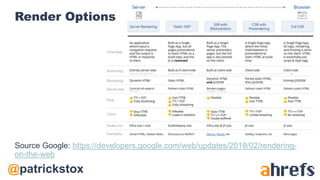 @patrickstox
Render Options
Source Google: https://developers.google.com/web/updates/2019/02/rendering-
on-the-web
 