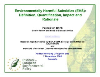Environmentally Harmful Subsidies (EHS):
  Definition, Quantification, Impact and
                Rationale

                        Patrick ten Brink
              Senior Fellow and Head of Brussels Office

                          www.ieep.eu

   Based on report prepared by IEEP, FEEM, Ecologic and IVM for DG
                             Environment
                                  and
     thanks to Ian Skinner, Carolina Valsecchi and Samuela Bassi

                 Ad Hoc Working Group on EHS
                       7 December 2006
                           Brussels