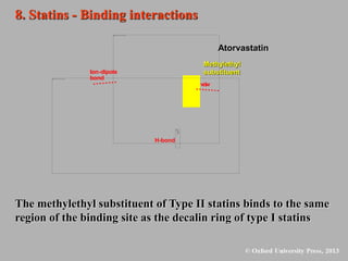 Methylethyl
substituent
Atorvastatin
vd
w
Ion-dipole
bond
H-bond
8. Statins - Binding interactions
The methylethyl substituent of Type II statins binds to the same
region of the binding site as the decalin ring of type I statins
 