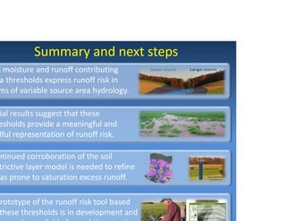 Summary and next steps
l moisture and runoff contributing 
a thresholds express runoff risk in 
ms of variable source area hydrology. 
ial results suggest that these 
esholds provide a meaningful and 
lful representation of runoff risk. 
ntinued corroboration of the soil 
trictive layer model is needed to refine 
as prone to saturation excess runoff.
rototype of the runoff risk tool based 
these thresholds is in development and 
 
